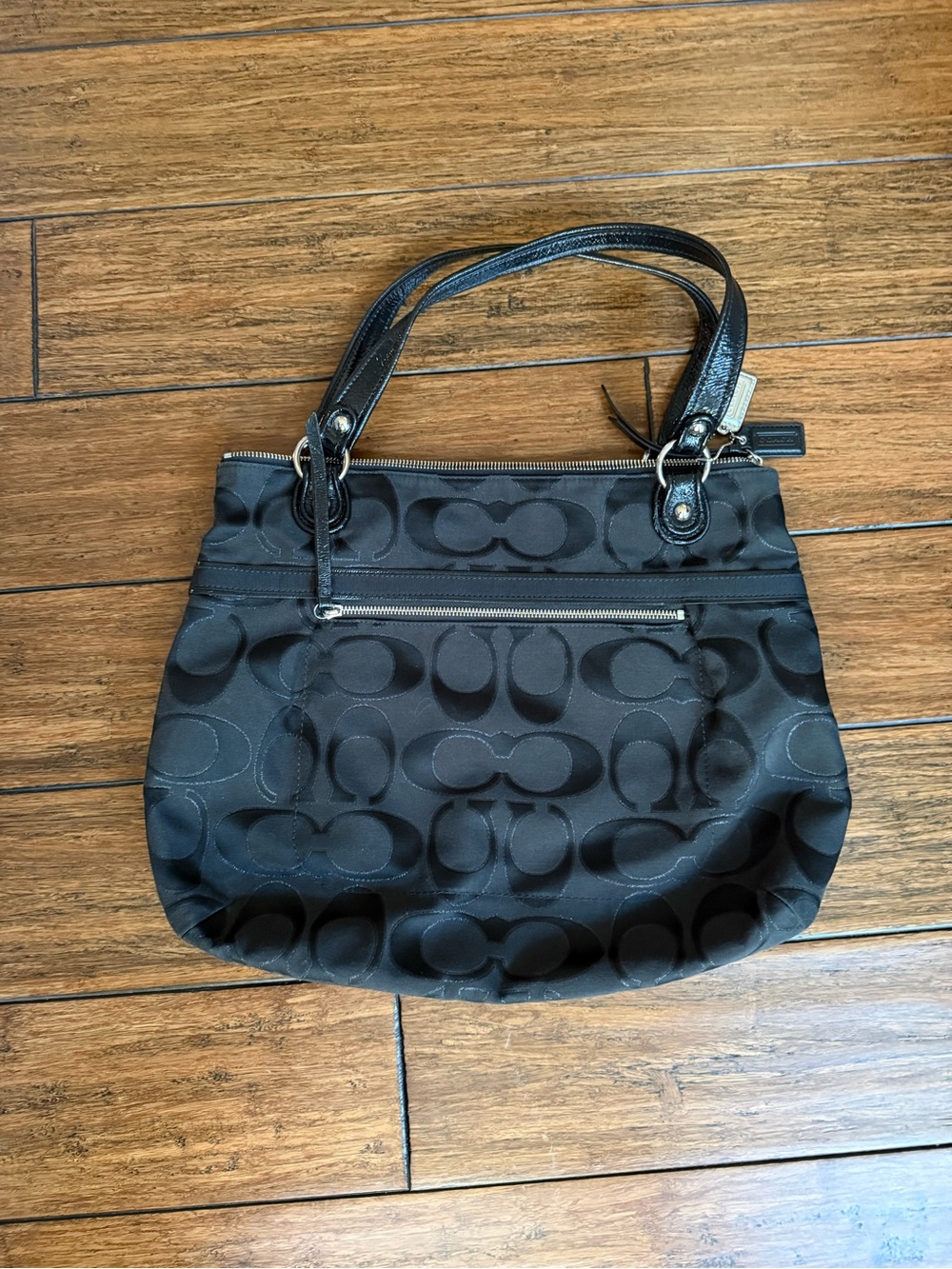 Coach Black Poppy Canvas Sateen Signature Tote Bag - Picture 2 of 10